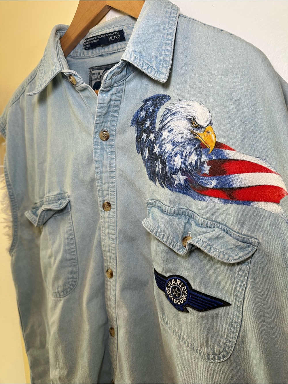 Bike Ralley 2000 Cut Off Denim Button Down With Harley Davidson Patch Eagle